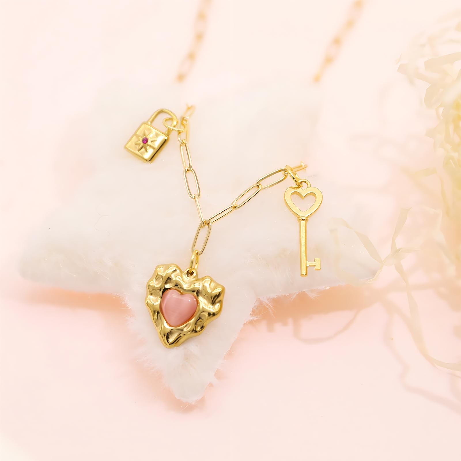 Multi Charm Necklace for Women Chunky Gold Plated Paperclip Chain Choker Ne – 07