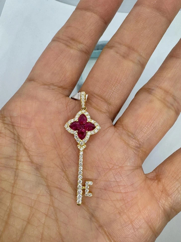 1.60CT Pear Cut Lab-Created Red Ruby Women’s Key Pendant 14K Yellow Gold Plated