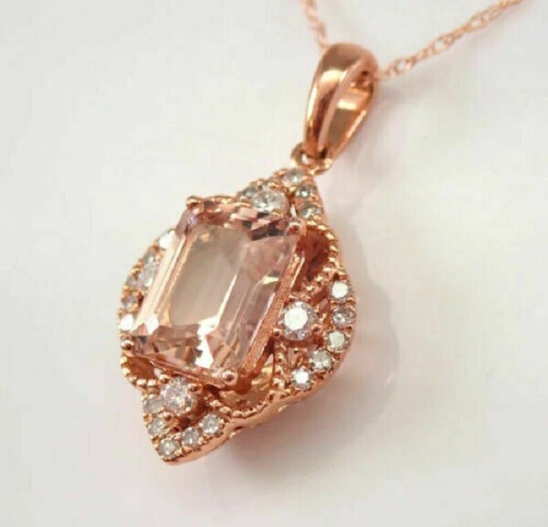 3.00Ct Emerald Cut Morganite Halo Pendent 14K Rose Gold Finish 18” Free Chain