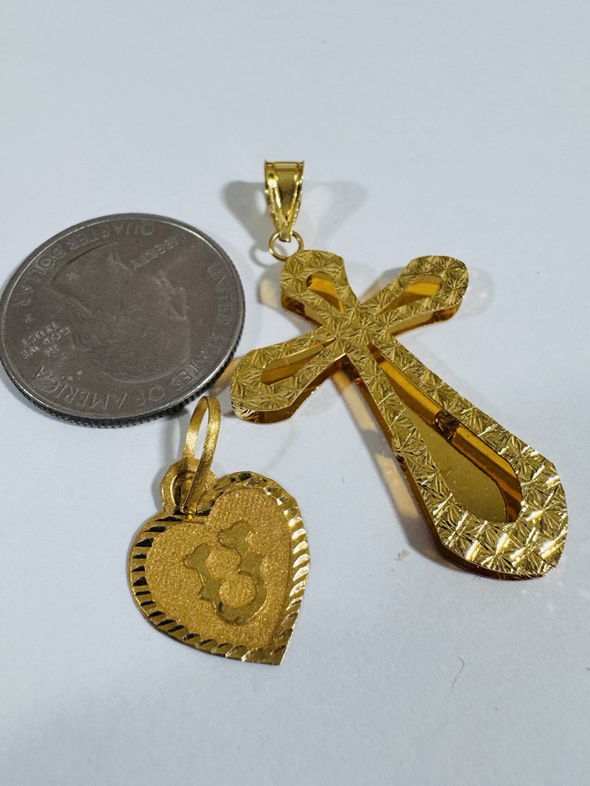22K 916 Fine Real Gold Two Set U Heart & Cross Pendant 4.5g