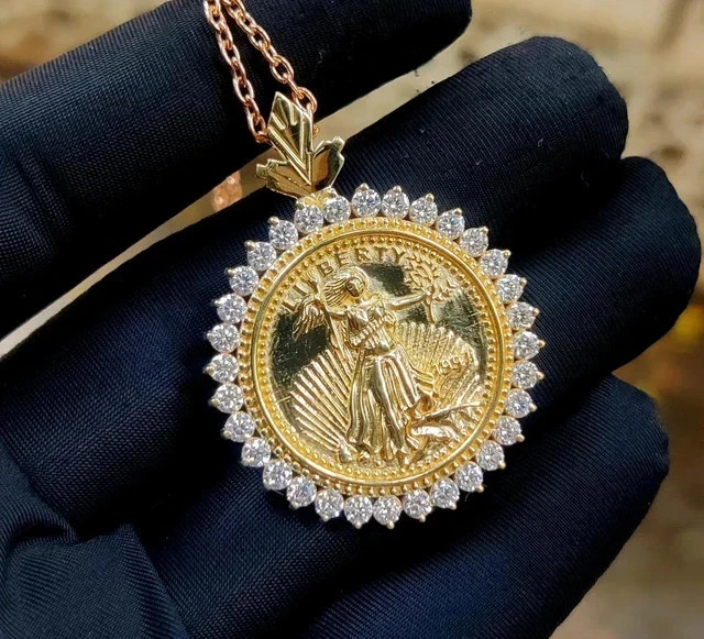 2.70Ct Round Simulated Diamond Liberty Coin Pendant 14K Yellow Gold Plated