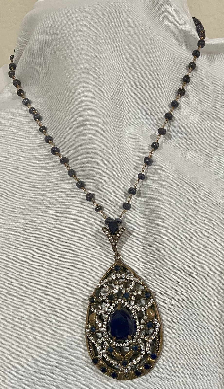 Turkish Necklace & Pendant Sterling Silver, Sapphire And Crystals w/ Bead Chain
