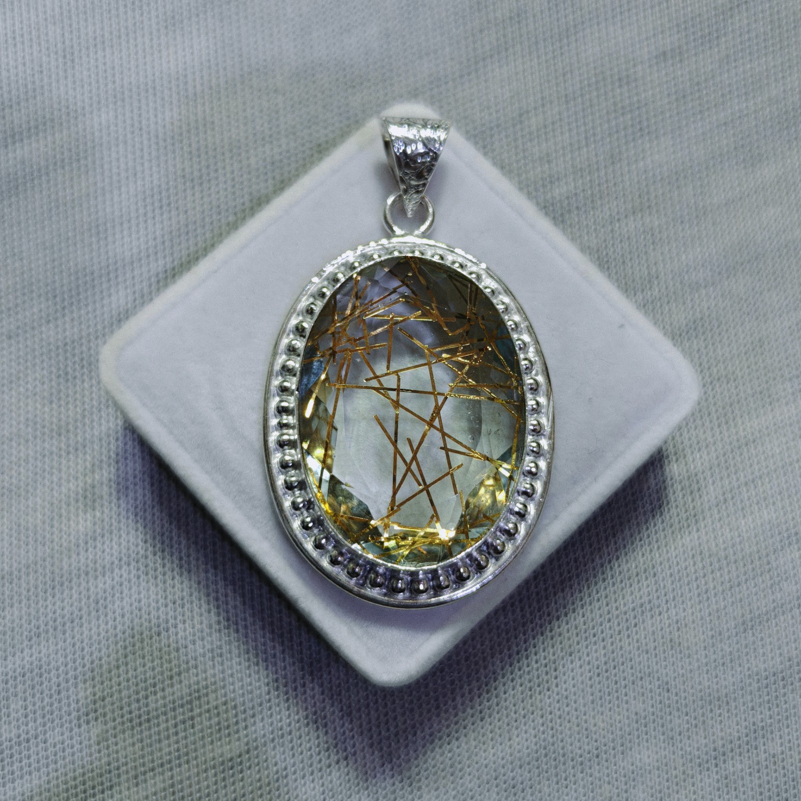 Golden Rutile Quartz Oval Gemstone Pendant Rutile Sterling Silver Pendant Gift