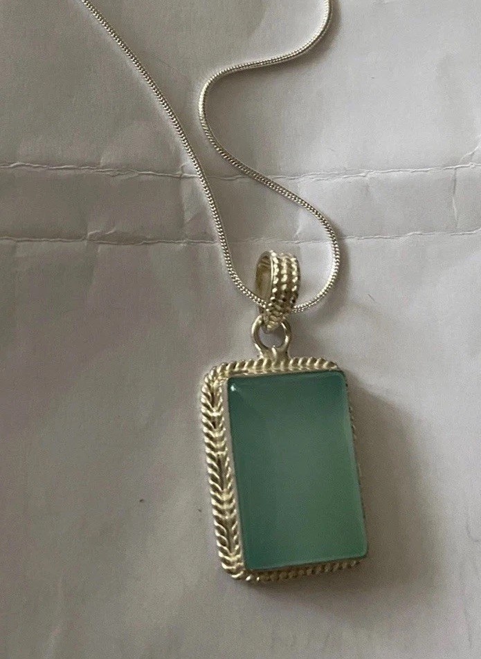 Vintage Aqua Chalcedony Big Pendant 925 Silver 20”chain.4x2cm UK Seller VGC