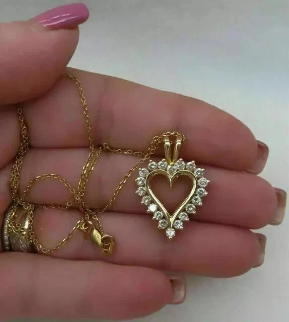 1.00Ct Round Cut Real Moissanite Heart Shape Pendant 14K Yellow Gold Plated