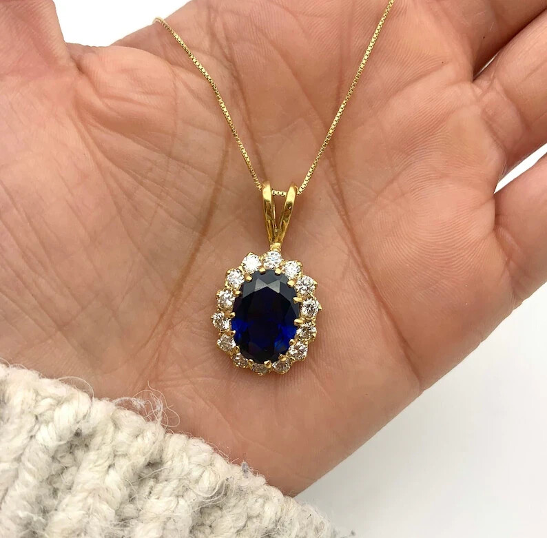 2.50Ct Natural Oval Blue Sapphire & Diamond Pendant 18” Chain 14k Yellow Gold