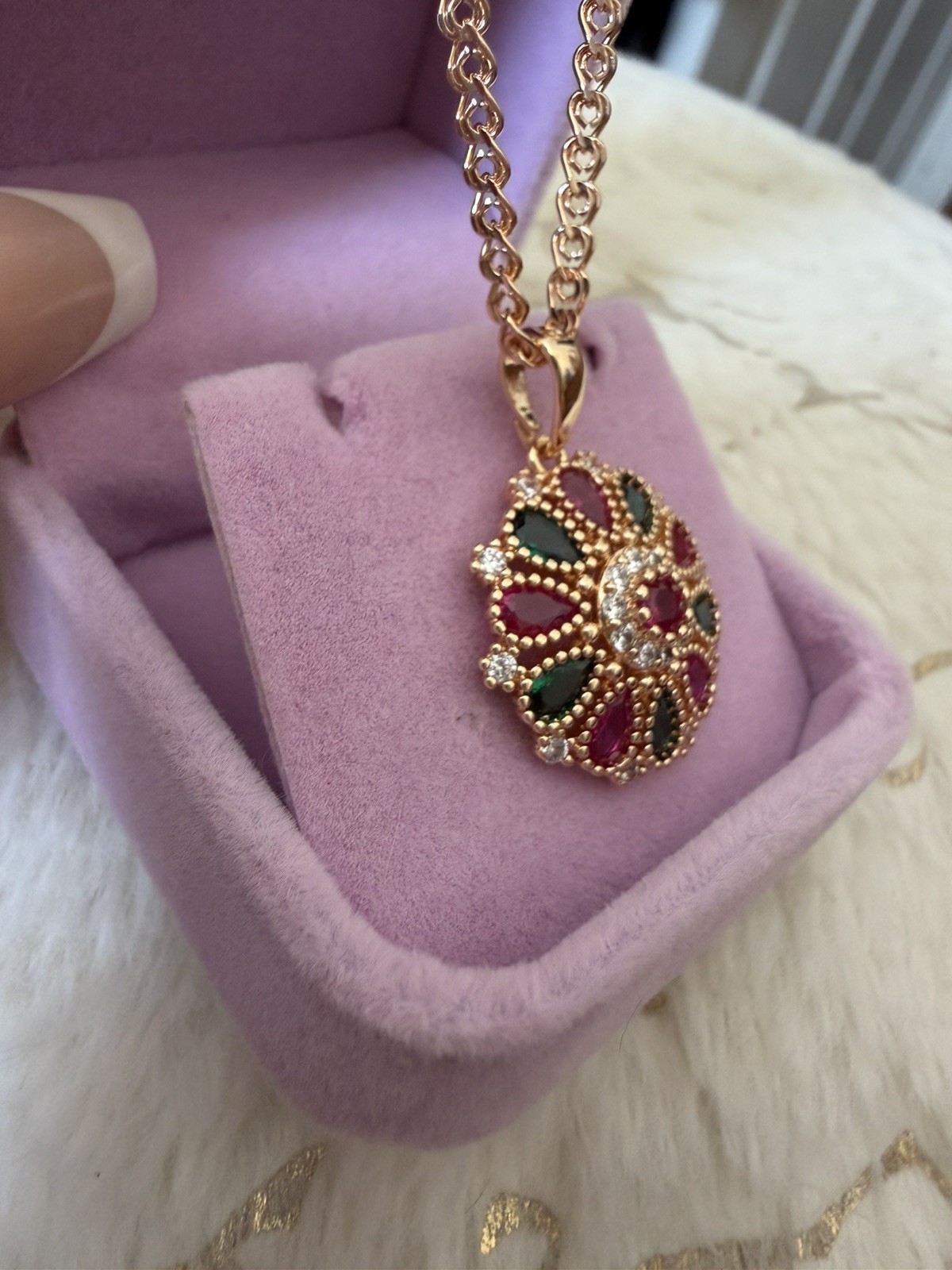585 RG Hallmarked Rolled Rose Gold Necklace & Pendant zircon Vintage 50cm