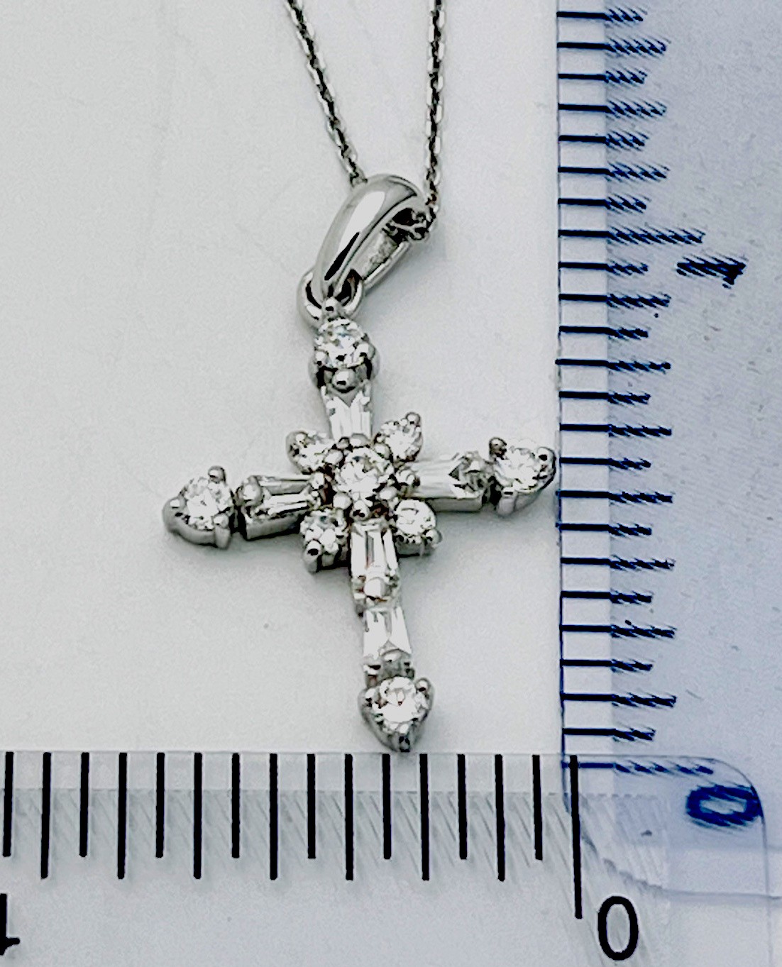 925 Sterling Silver 9 Round 5 Baguette Prong Set CZ Cross Necklace 18”