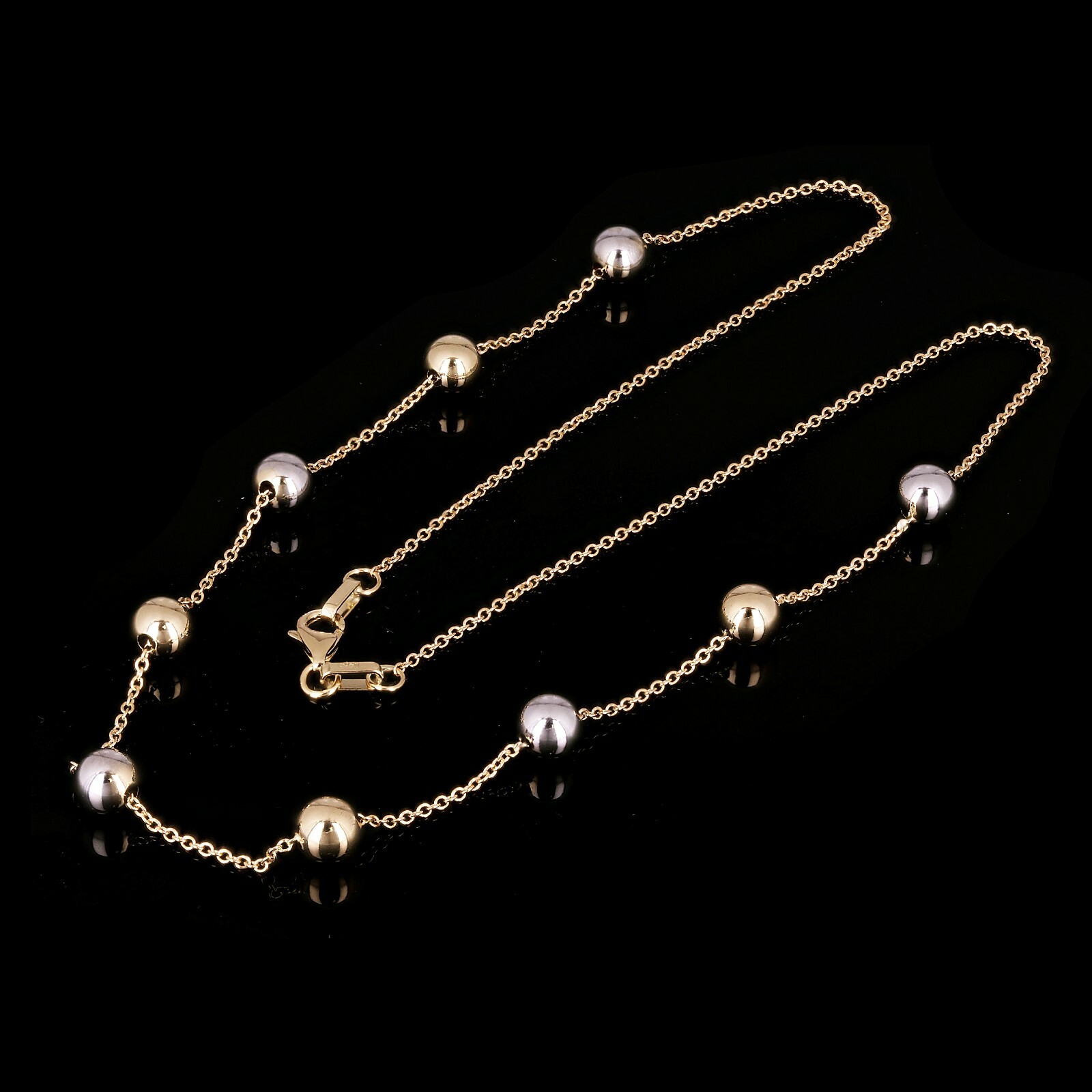 Italian 14k Yellow & White Gold Bead Station Chain Necklace 18″ 6mm 3.2 grams