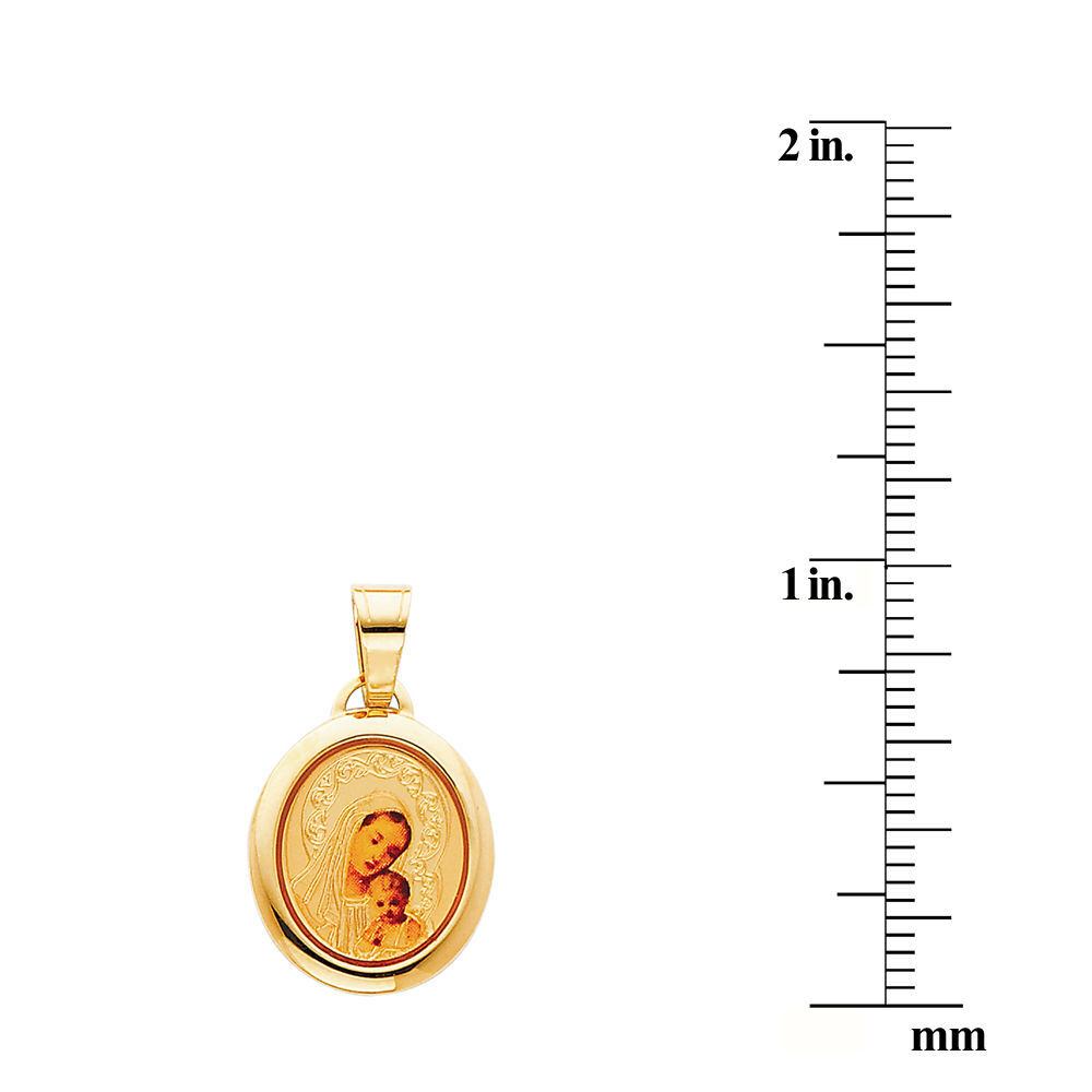 Genuine 14k Yellow Gold & Enamel Blessed Virgin and Baby Jesus Religious Pendant