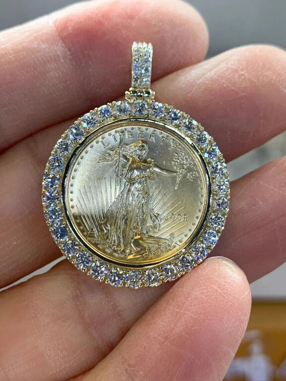 2Ct Round Cut Moissainite Diamond Liberty Coin Pendant 14K Yellow Gold Plated