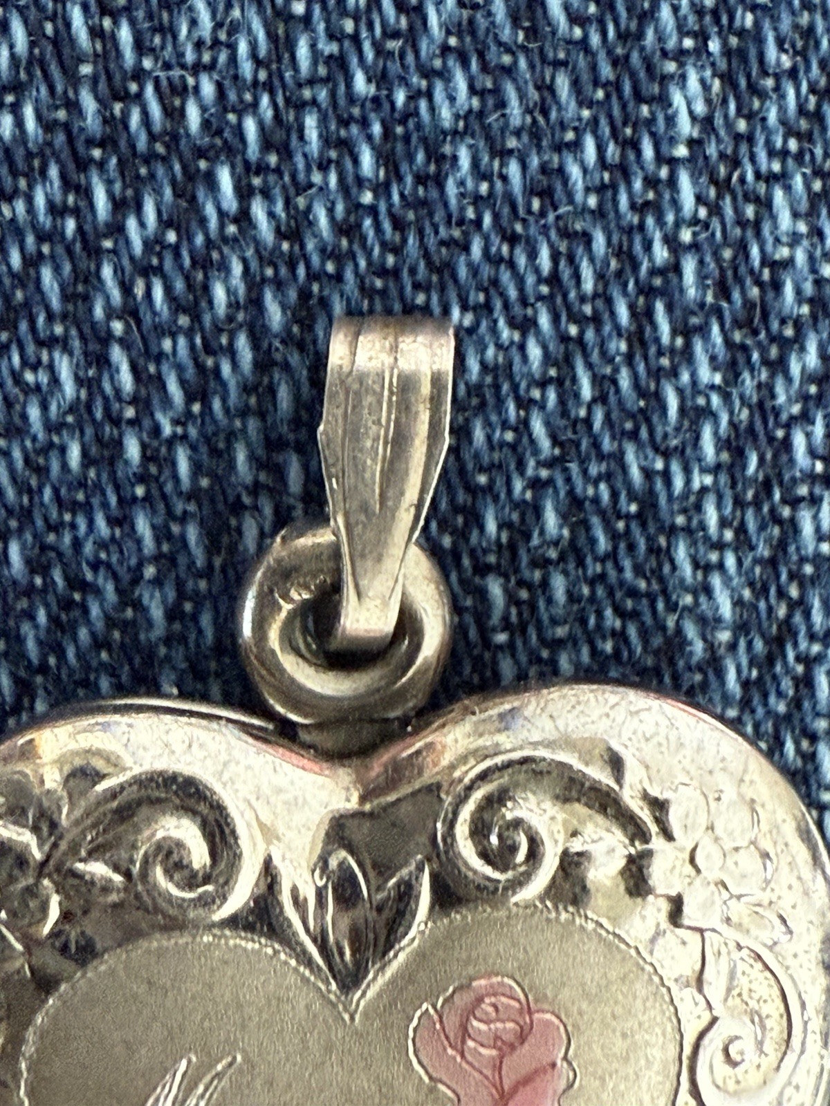 Sterling Silver Heart Photo Locket w/ Pink Rose & MOM Engraved 925 Pendant 3.2g
