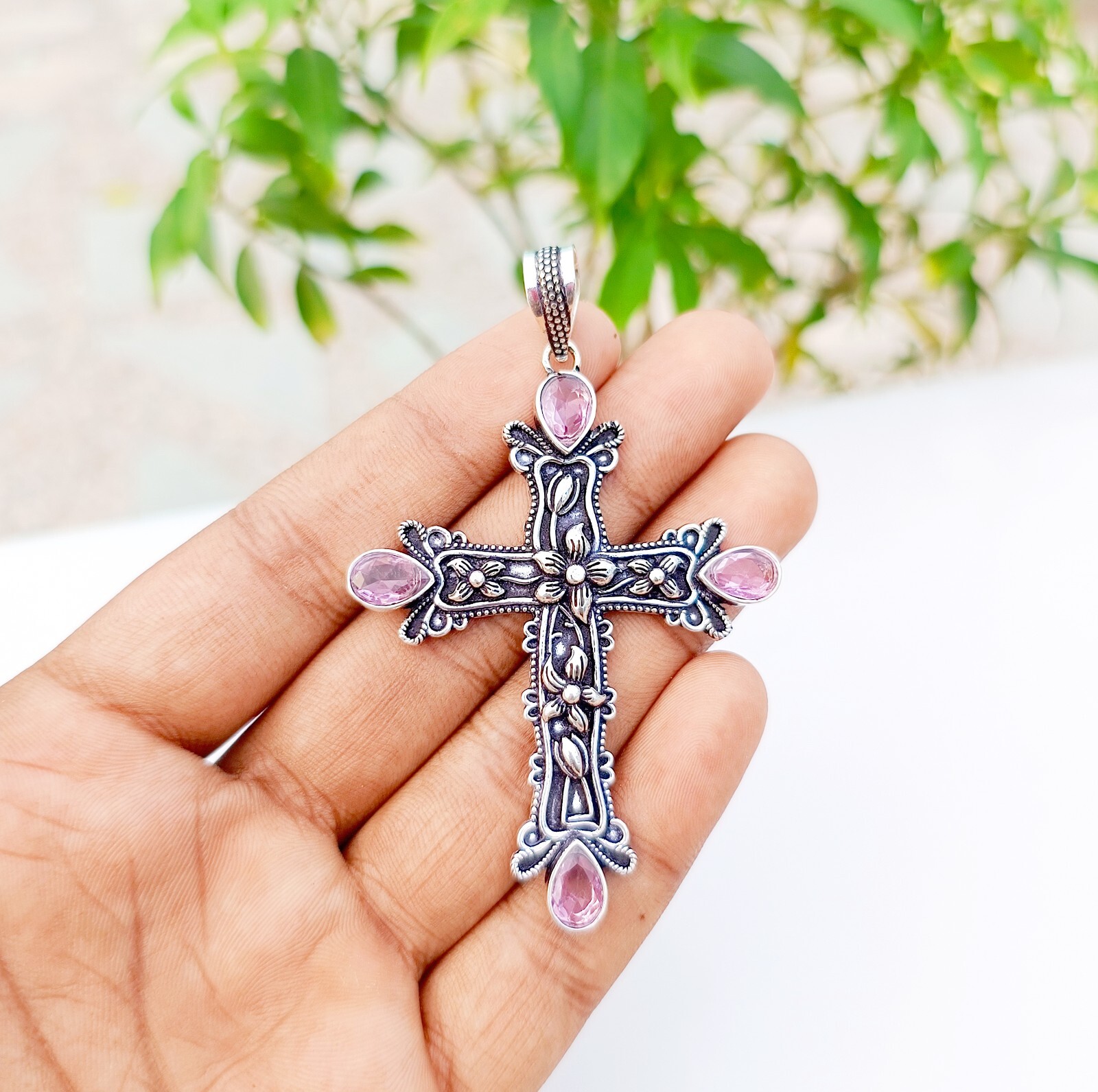 Pink Topaz Cross Pendant 925 Sterling Silver Handmade Gemstone Jewelry 2.83″
