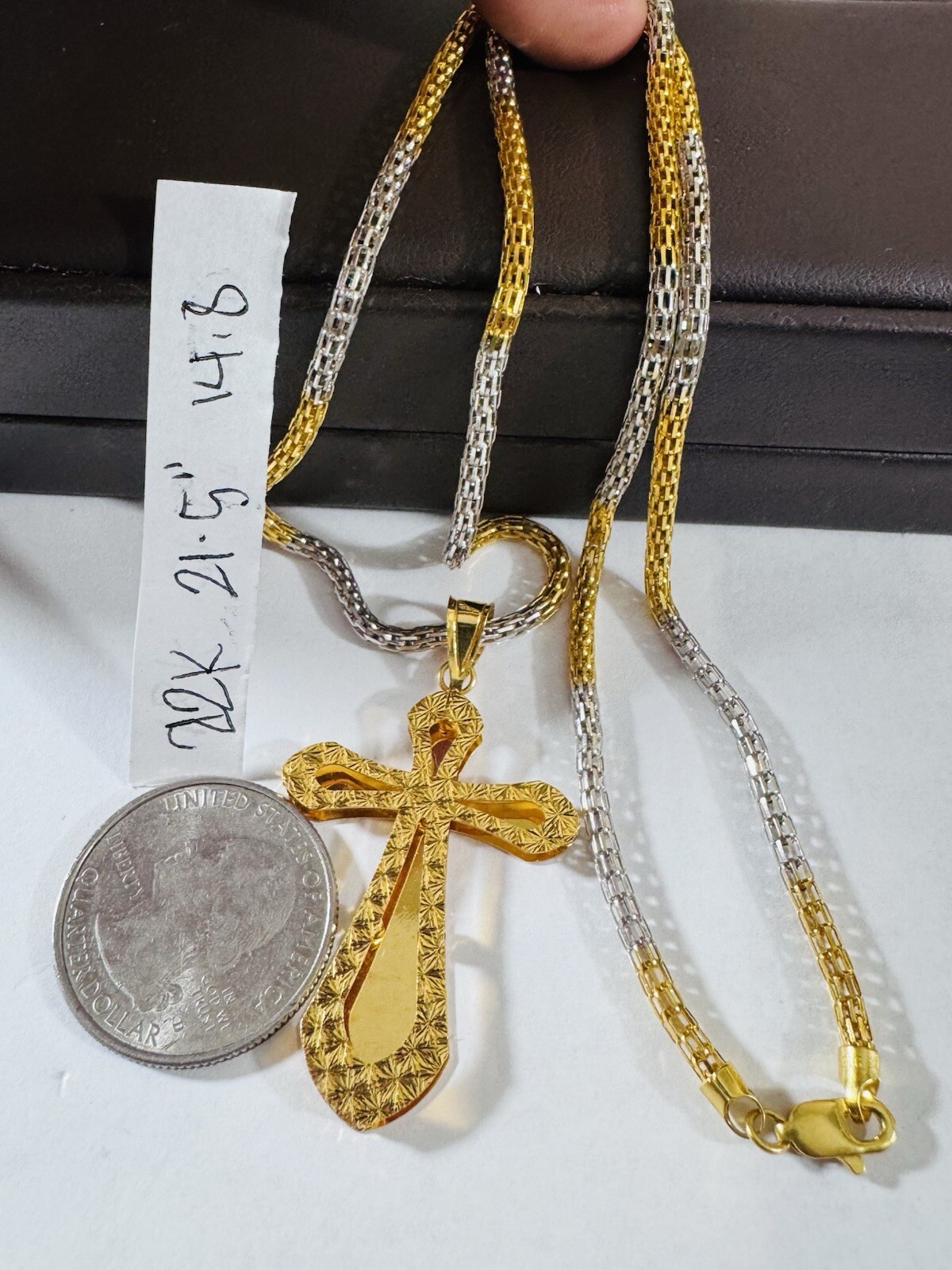22C 22K 916 Fine Real Gold 21.5”/22” Long Cross Necklace 14.8g 3mm Mens-Womens