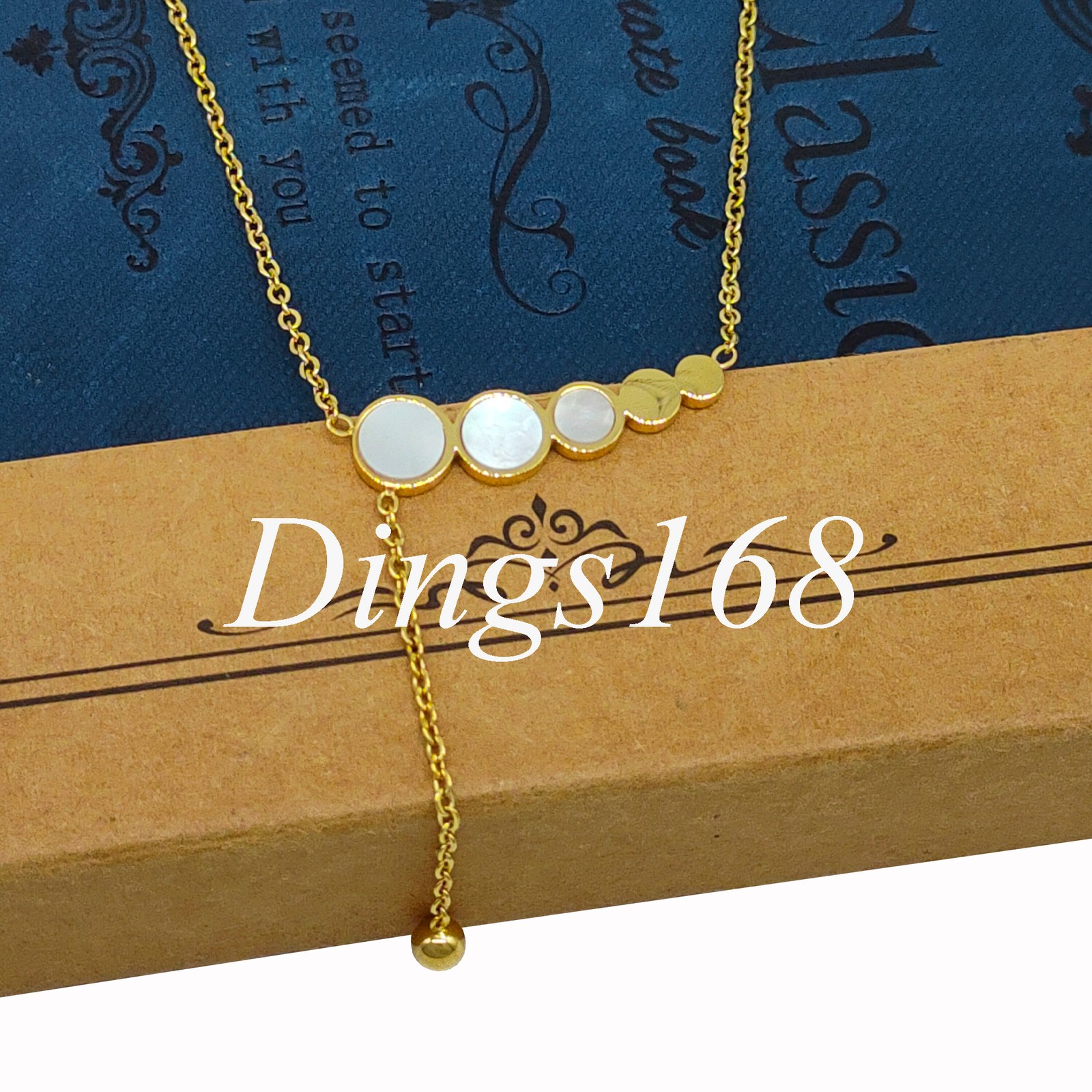 18K Yellow Gold Filled 0.3x1inch White Fritillaria Bean 1mm Rollo Chain Necklace