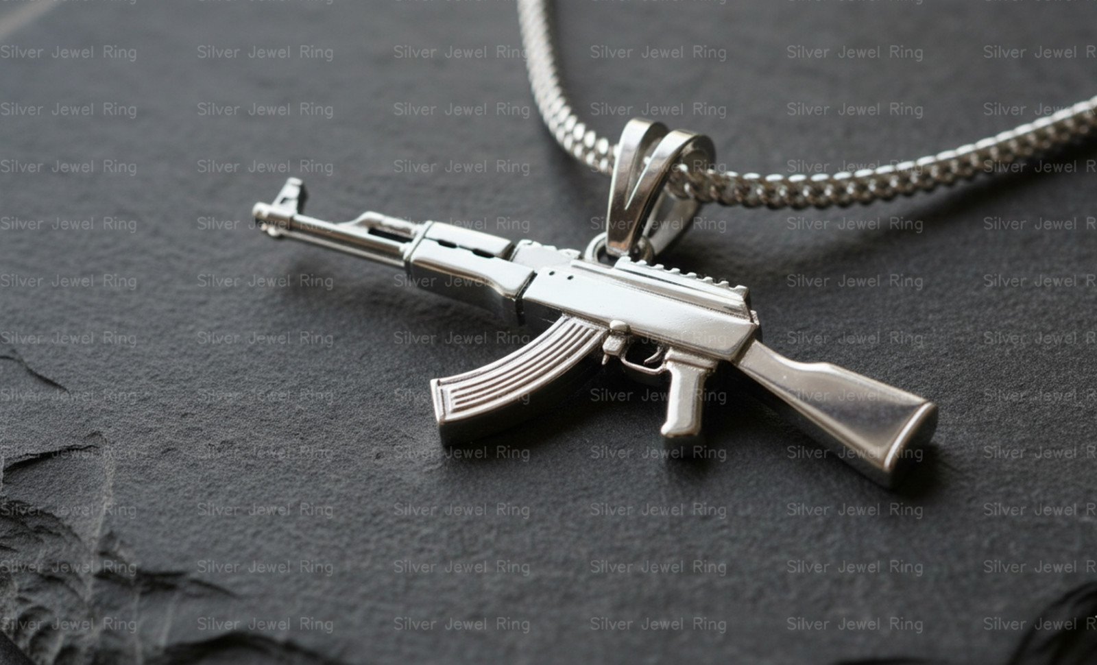 Silver Jewel Ring 925 Sterling Silver AK Style Rifle Pendant Necklace Men ‘s