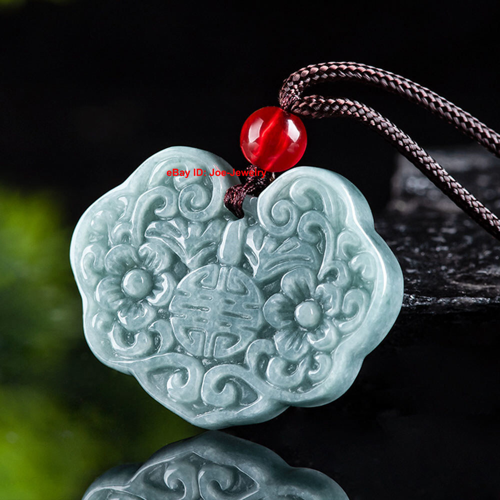 Natural Grade A Jadeite Jade Pendant Floral Lock Shape Pendant Cord Necklace