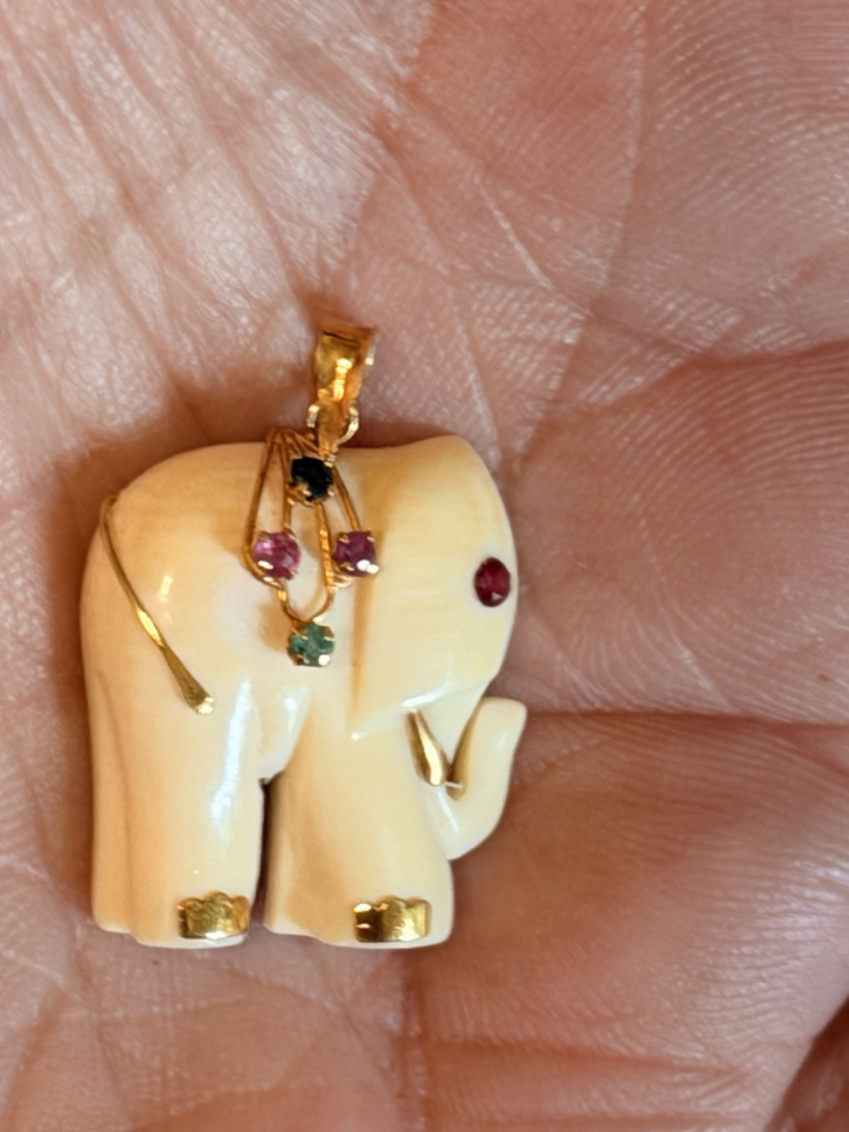 Unusual Carved Elephant Pendant, 14 Kt Gold, Ruby And Emeralds