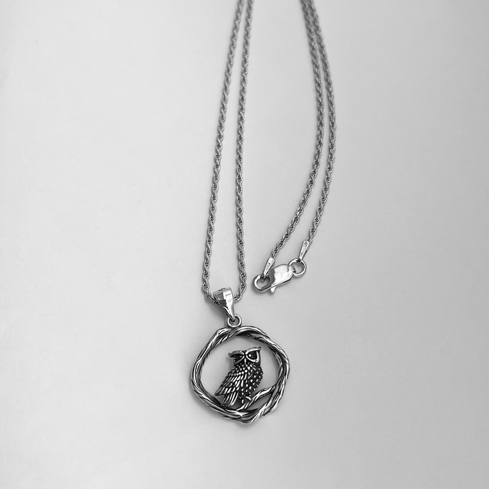 Sterling Silver Owl on Branch Necklace, Bird Chain, Owls, Animals, Spirit Birds