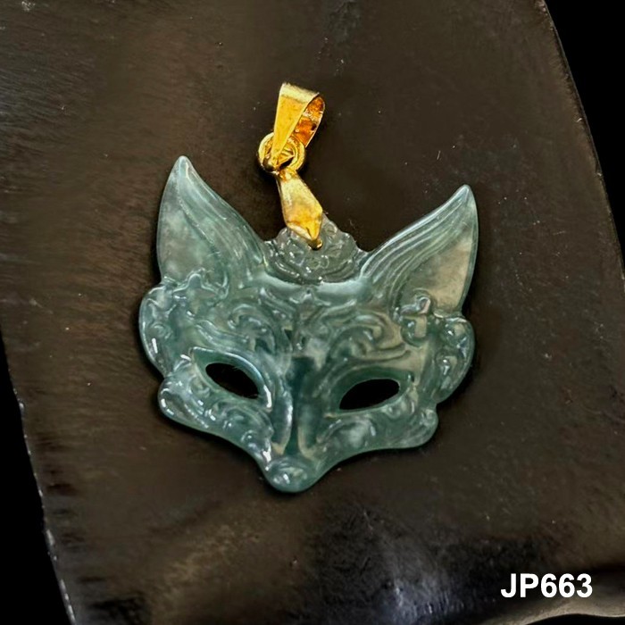 Natural Green Jade Jadeite Carved ‘FOX MASK’ Pendants Charms, Free Necklace