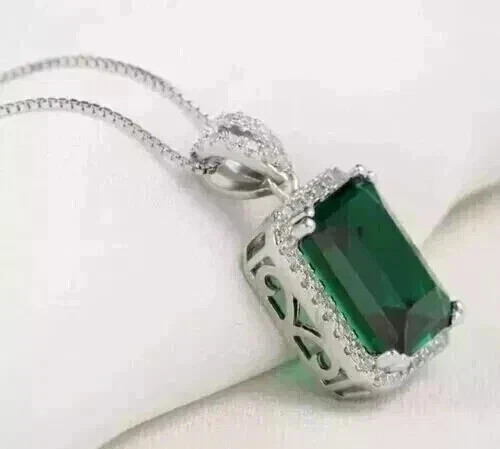 Emerald Cut LabCreated Green Emerald Womens Pendant 14KWhite Gold Over withChain