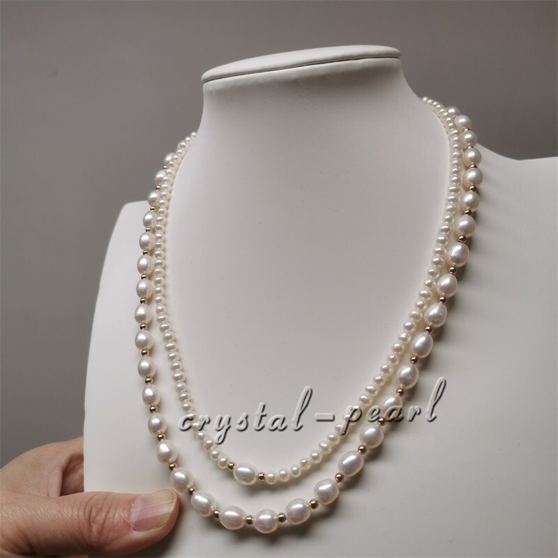 Double strands natural AAA white pearl necklace 17″ 19“ 14K GOLD CLASP