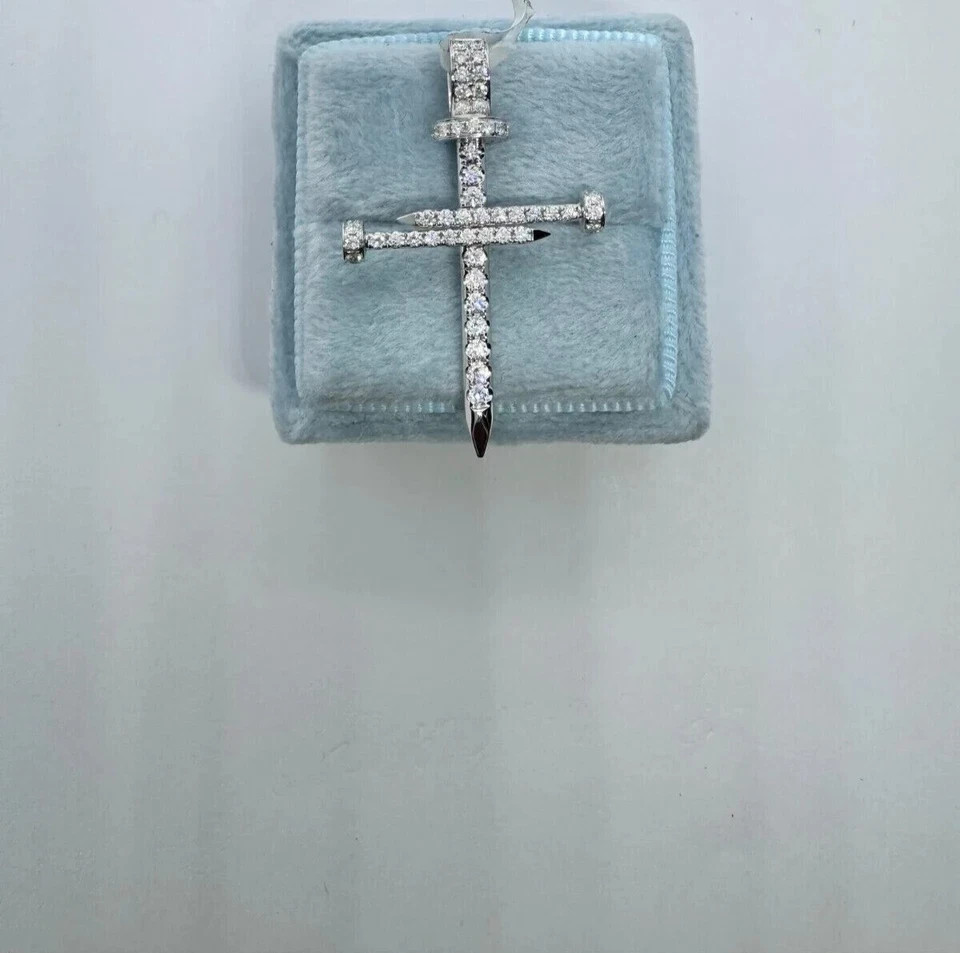 1.50Ct Real Moissanite Nail Cross Pendant 14K White Gold Plated 18″ Chain