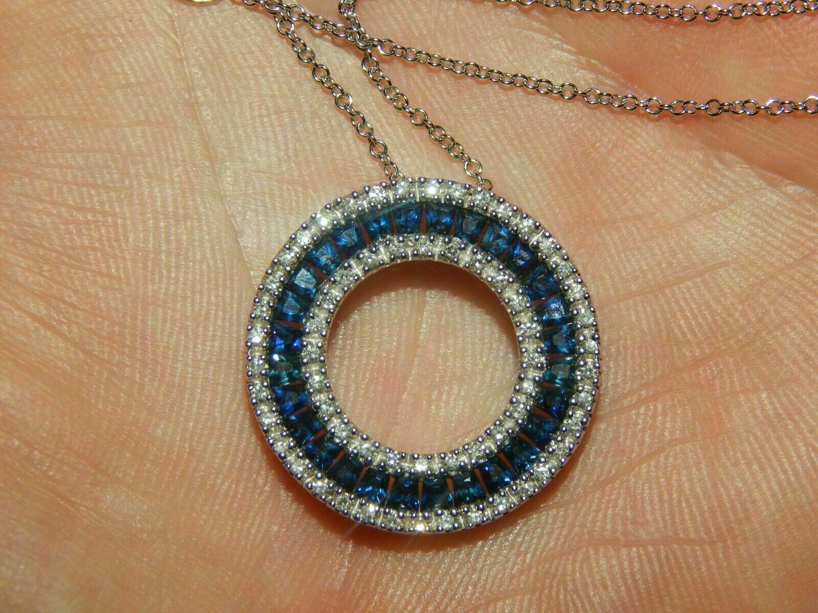 3Ct Princess Cut Blue Sapphire Round Pendant 14K White Gold Finish Free Chain