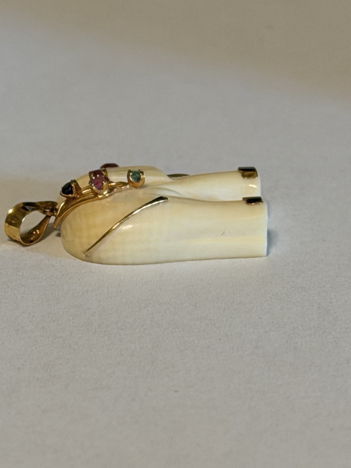 Unusual Carved Elephant Pendant, 14 Kt Gold, Ruby And Emeralds