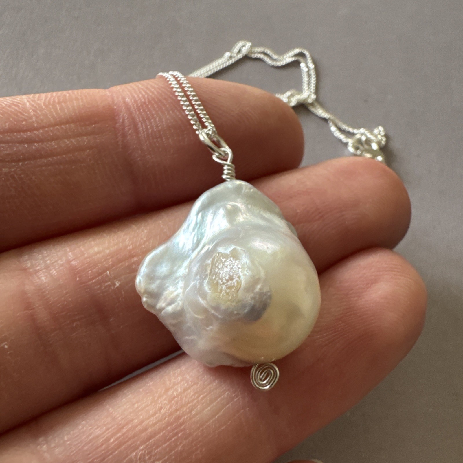 Sterling Silver 925 21mm Freshwater Pearl Pendant Italy 18” Curb Chain Necklace