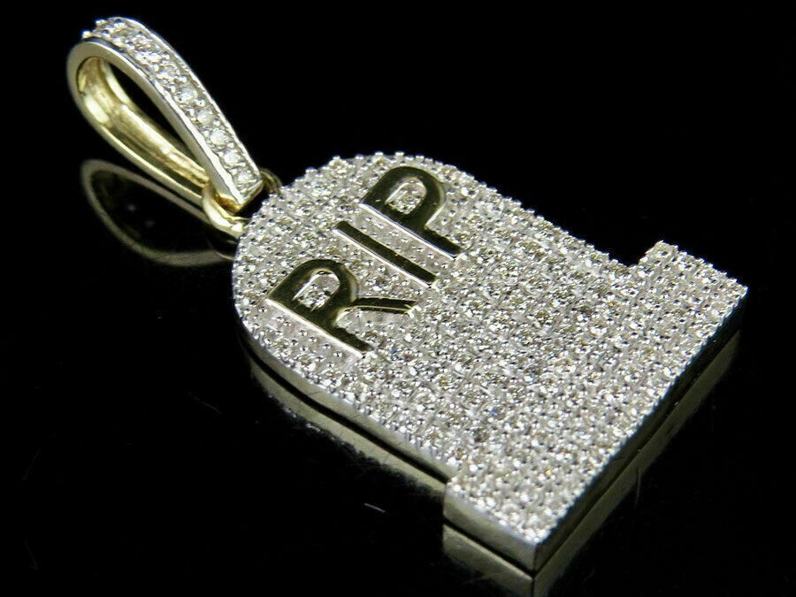 2Ct Round Cut Diamond RIP Unisex Pendant Charm 14K Yellow Gold Finish Free Chain
