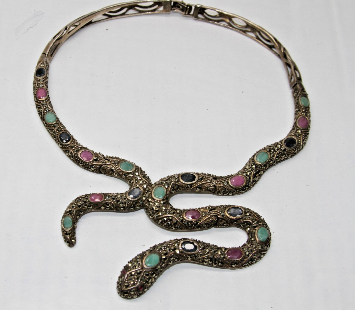 Ruby, Emerald, Sapphire, Marcasite Snake Necklace 925 Sterling Silver 77g