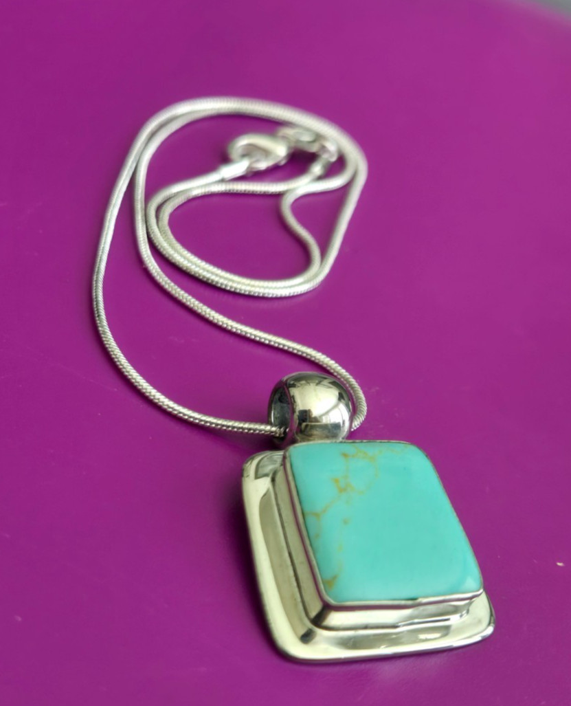 Vintage ATI Mexico 925 Sterling Silver Turquoise Pendant Necklace 16″