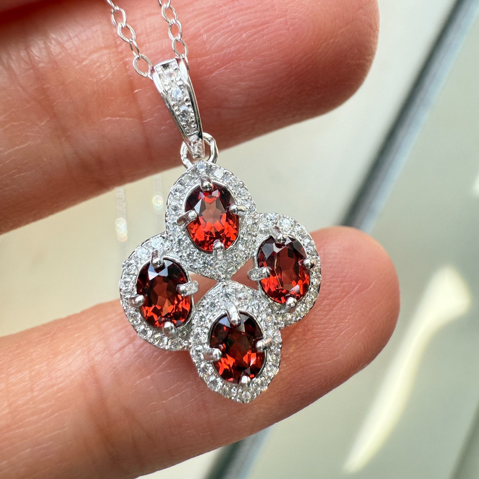 925 Sterling Silver Necklace 4x3mm Natural Garnet Gemstone Zircon Flower Chain