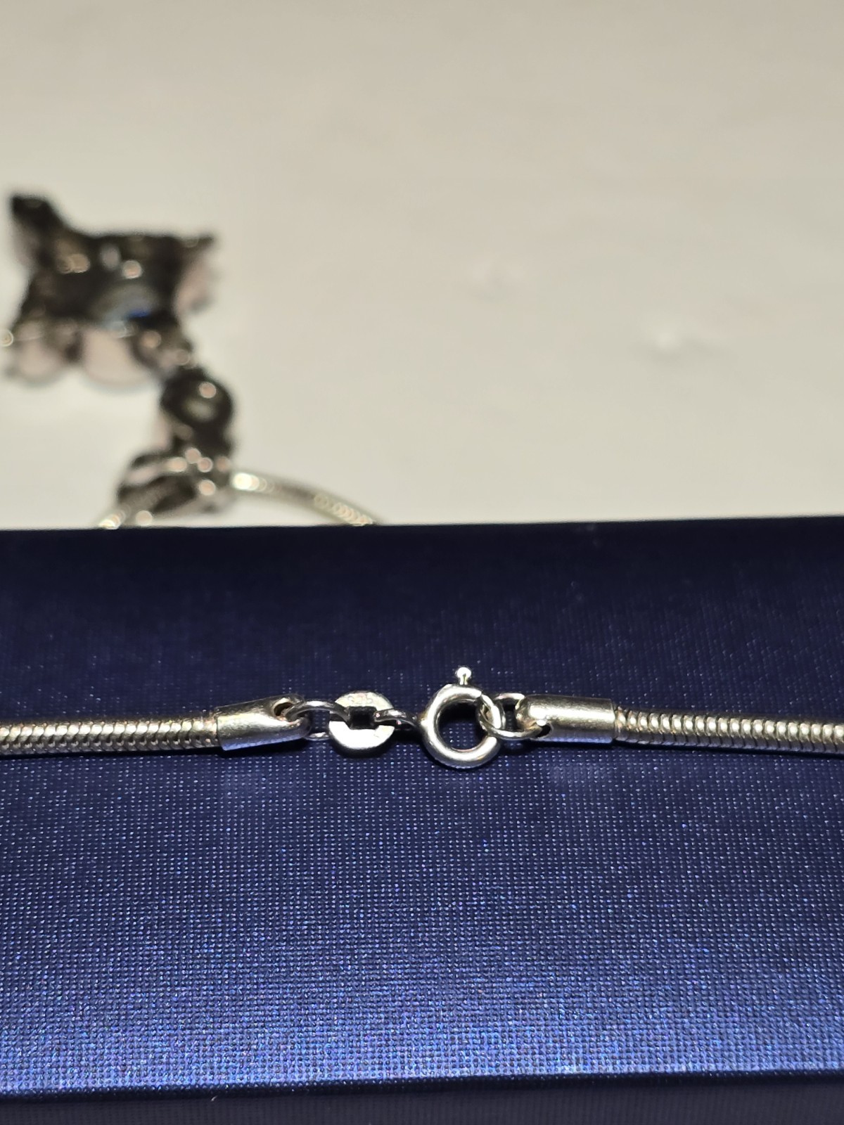 925 Sterling Silver Snake Chain Blue Stone Pearl Pendant 16″ Long