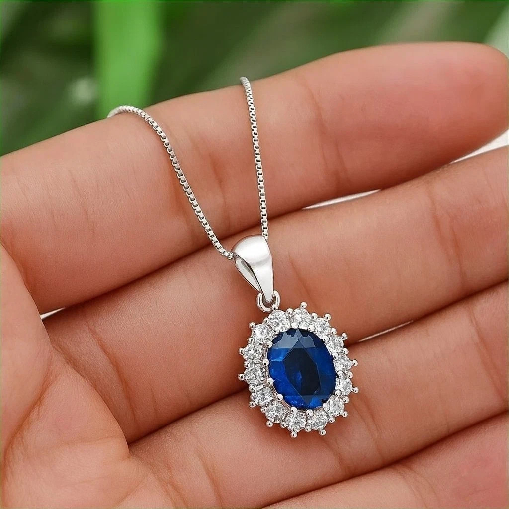 4Ct Oval Cut Natural Blue Sapphire & Diamond 14K White Gold woman gift Pendant