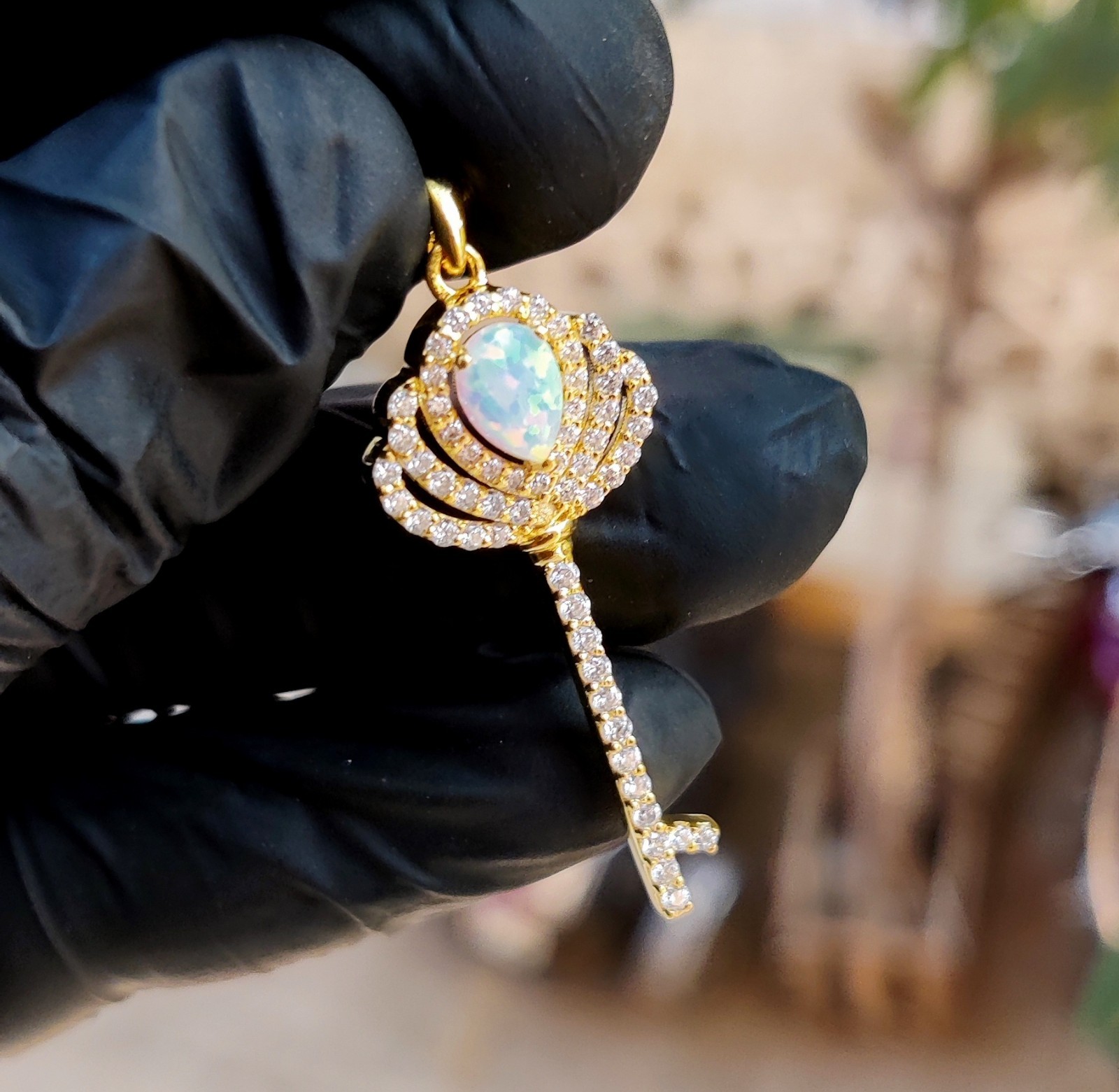 2Ct Pear Cut Lab Created Fire Opal Key Pendant 14K Yellow Gold Plated 925 Silver