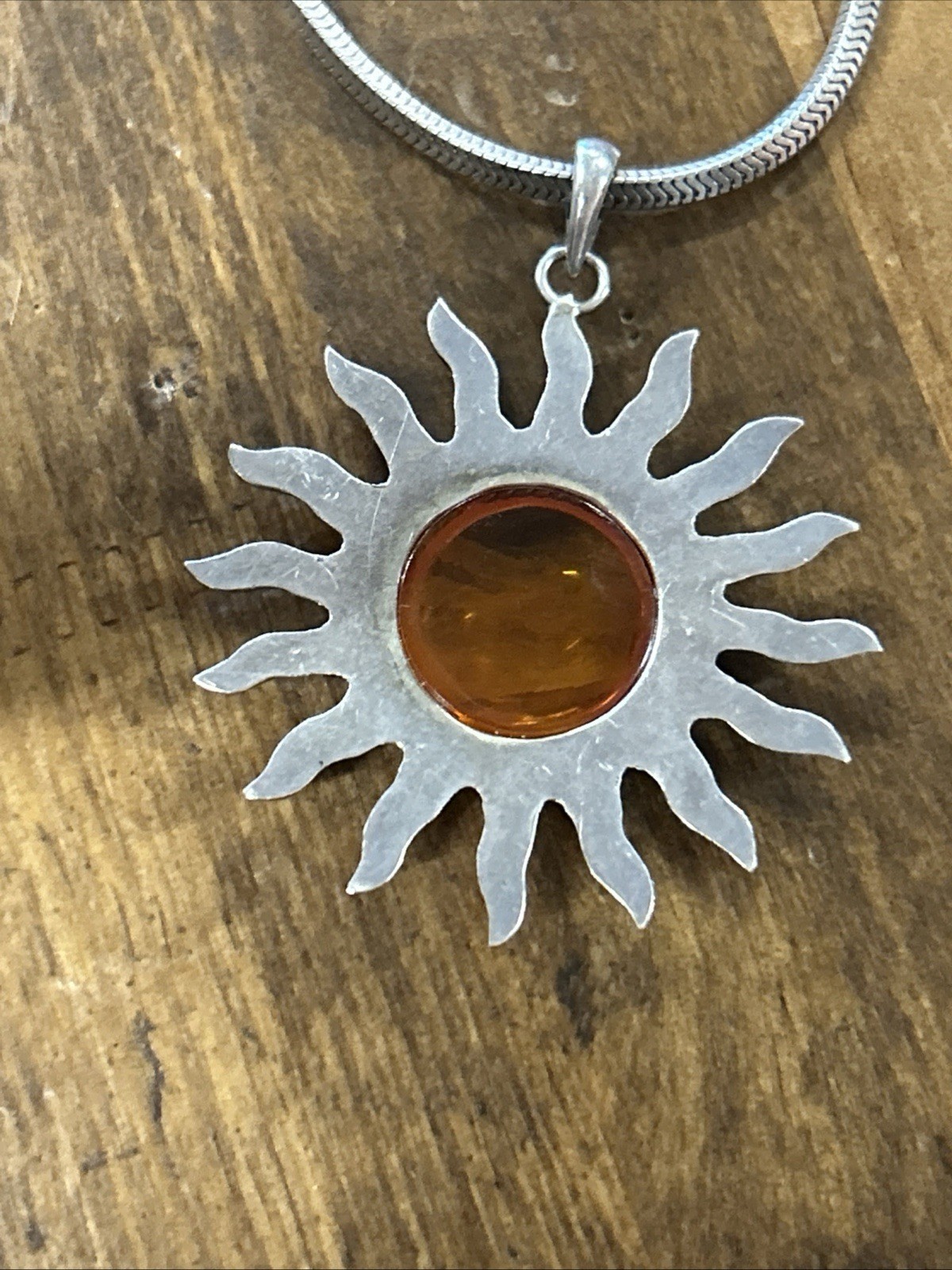 23.5” Les Bernard Inc. 925 Silver Square Snake Chain Amber Sun Pendant Necklace