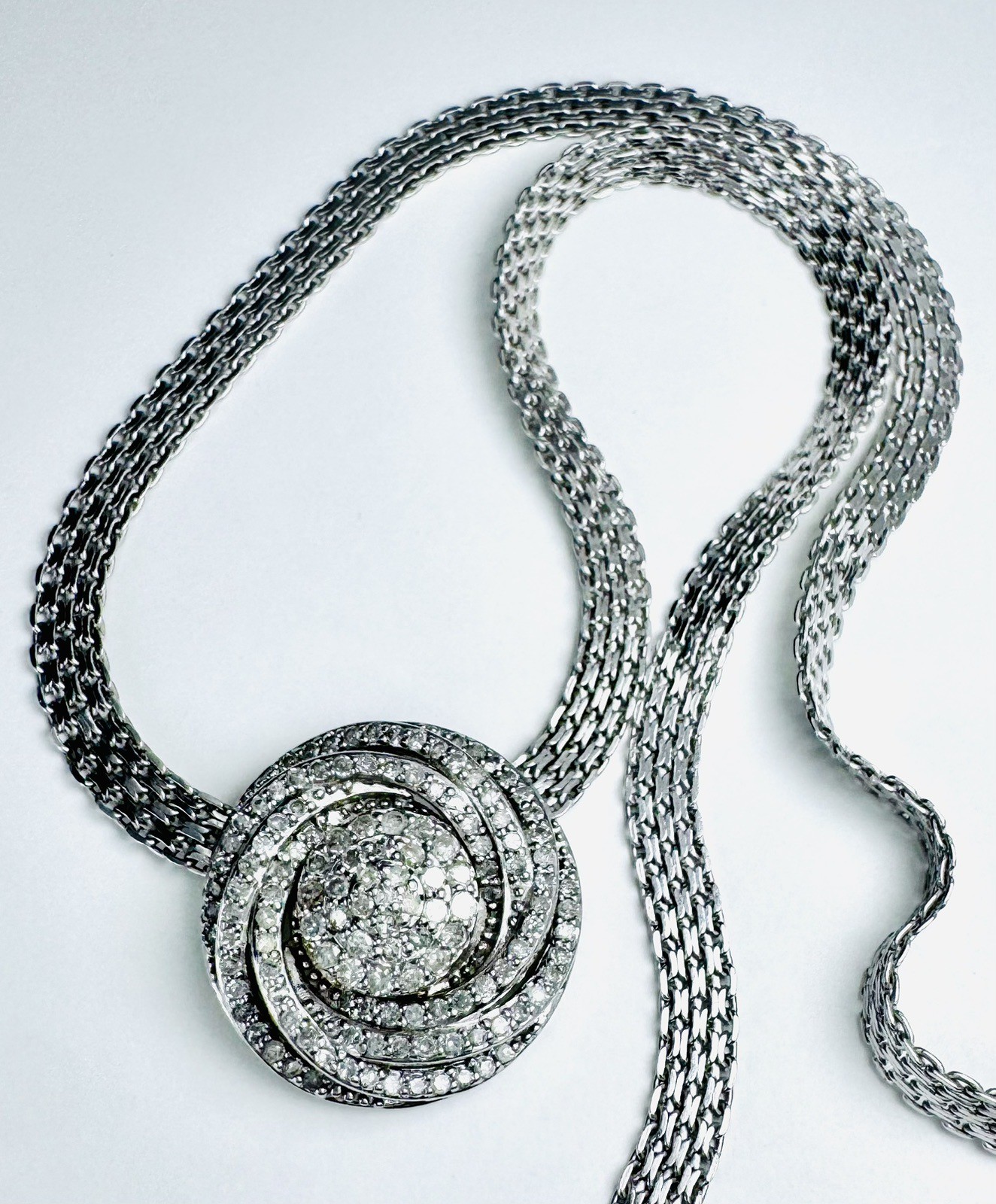 Diamond Lavaliere Italian Bismark Mesh Sterling Necklace 17” Rose/Floral Design