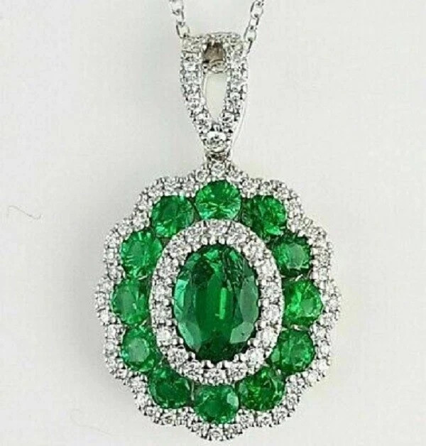 3Ct Oval Lab Created Emerald Halo Charm Pendant 14K White Gold Over Free Chain