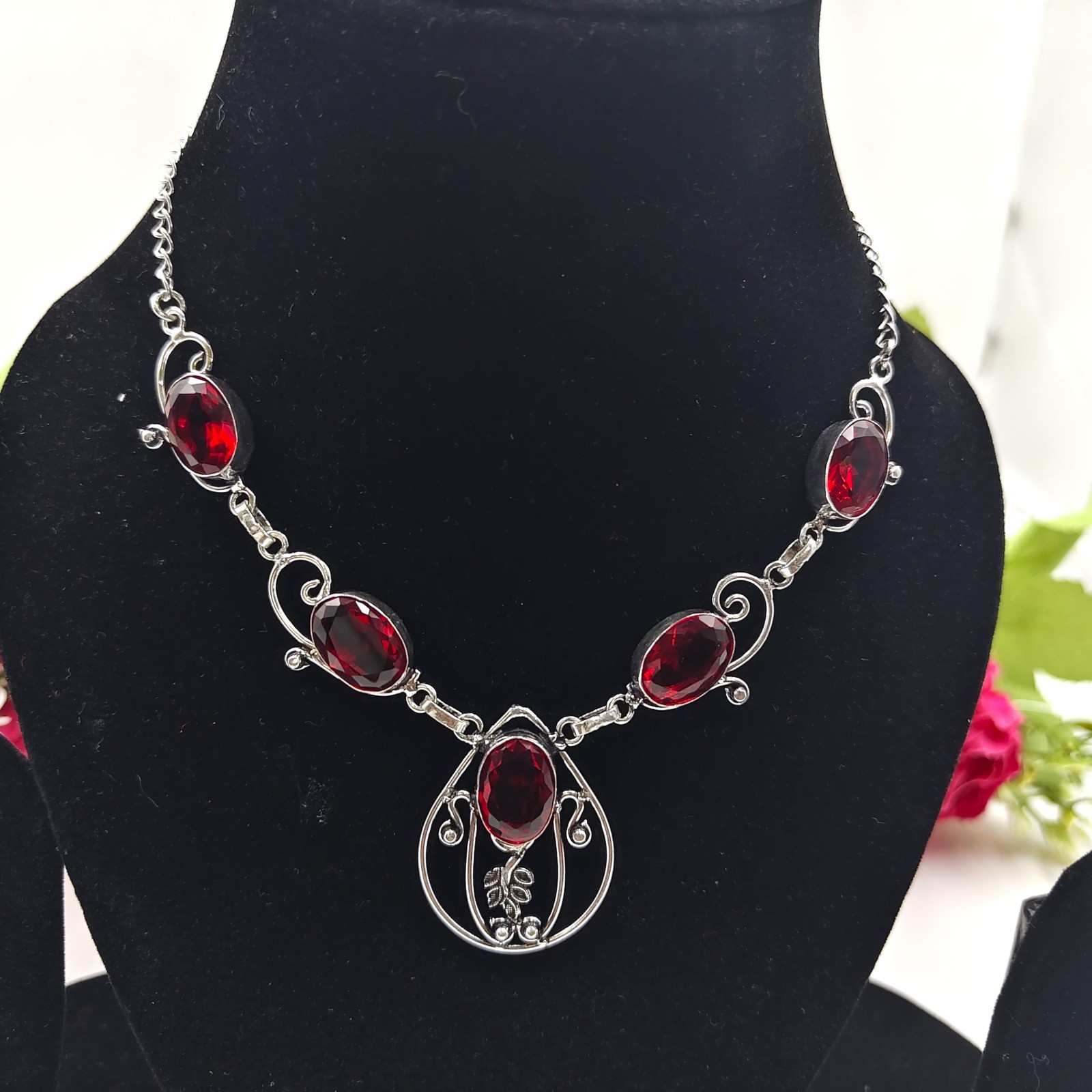Red Garnet Gemstone Handmade 925 Sterling Silver Jewelry Necklace Size-17-18″