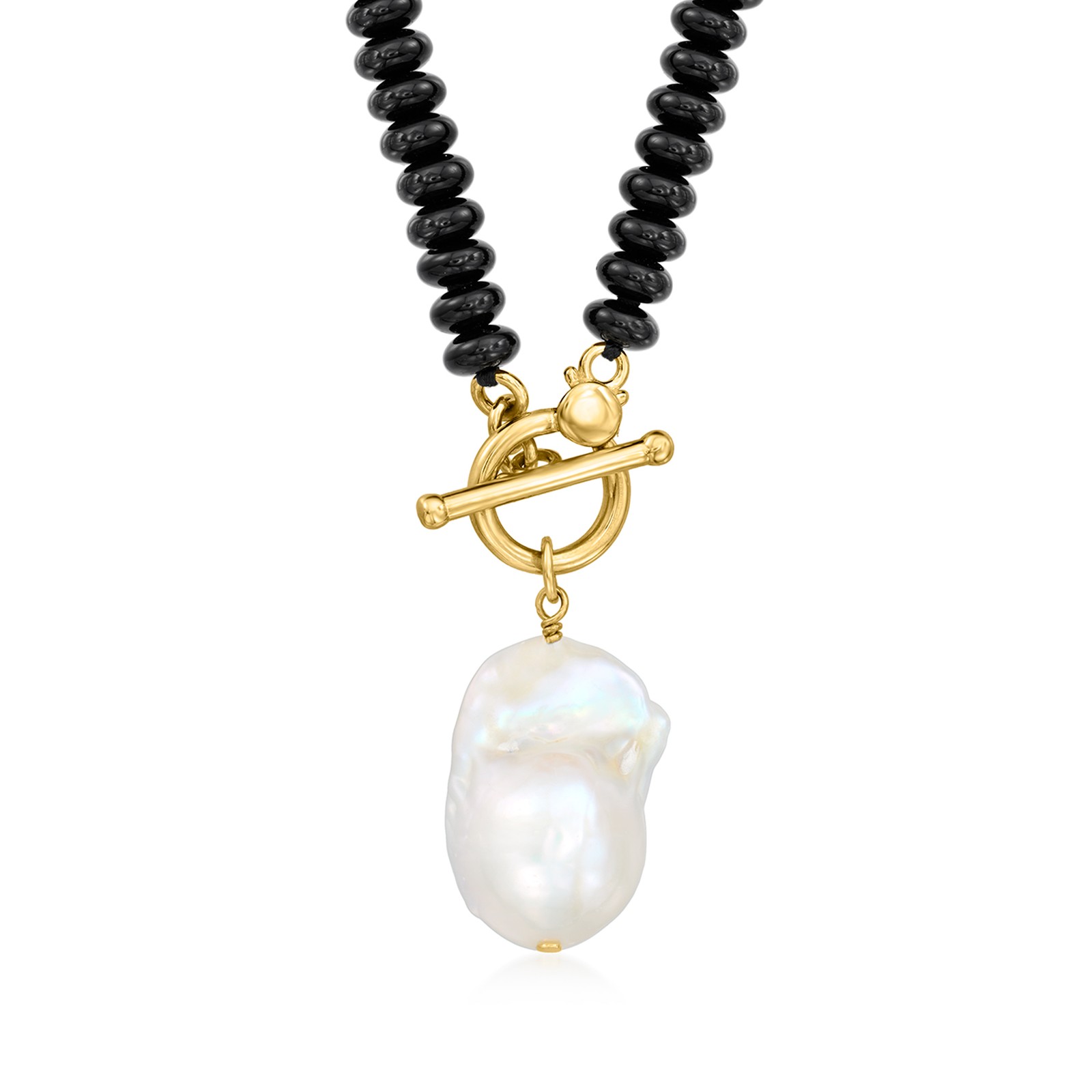 13-15mm Cult Brq Prl & 6mm Onyx Toggle Ncklc in 18k Gold Plate 18 inches