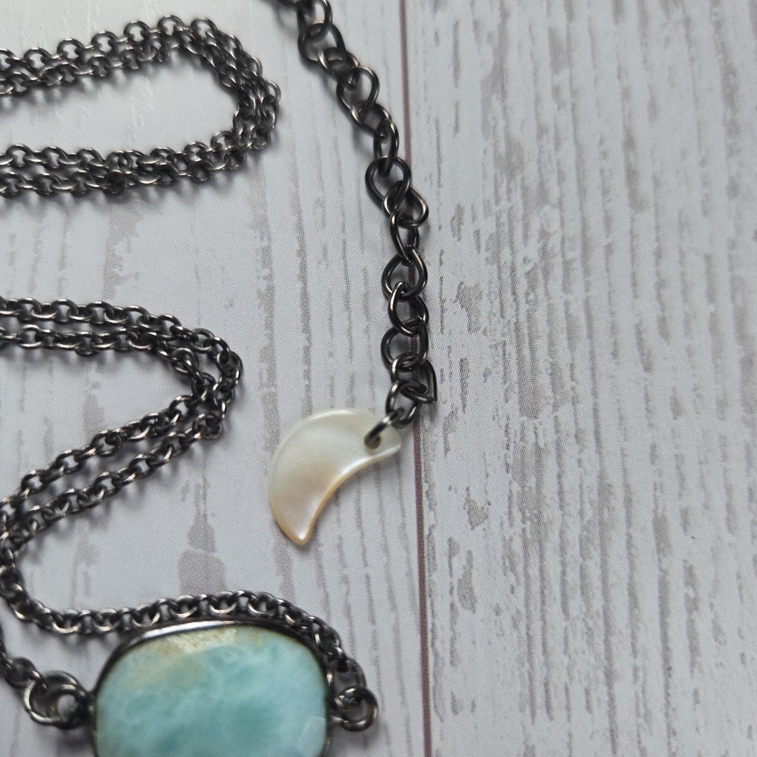 Larimar Blue Stone Necklace Crescent Moon Charm Boho Beach Jewelry