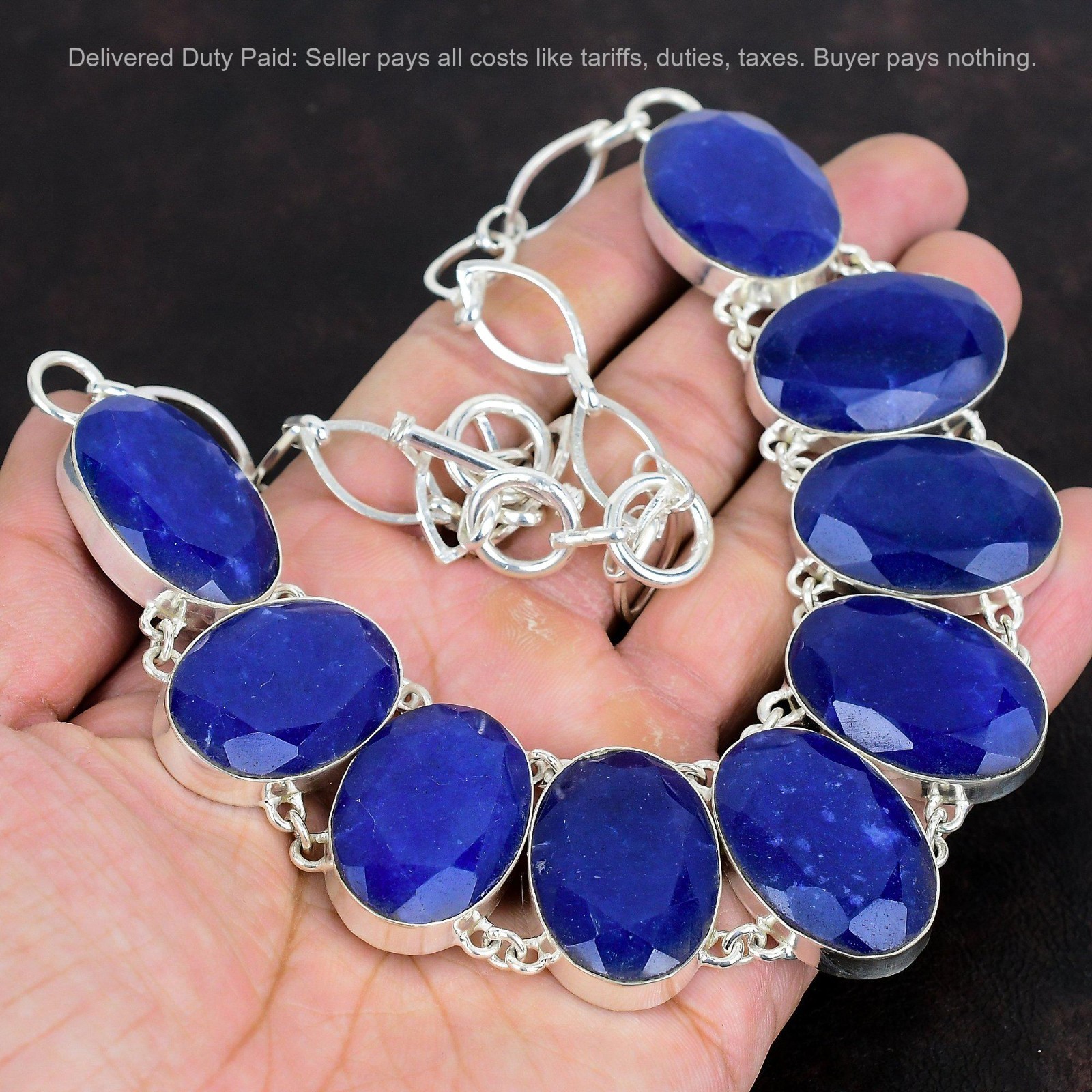 Blue Saphire Gemstone Anniversary Bezel New Chain Boho Necklace Sterling Silver