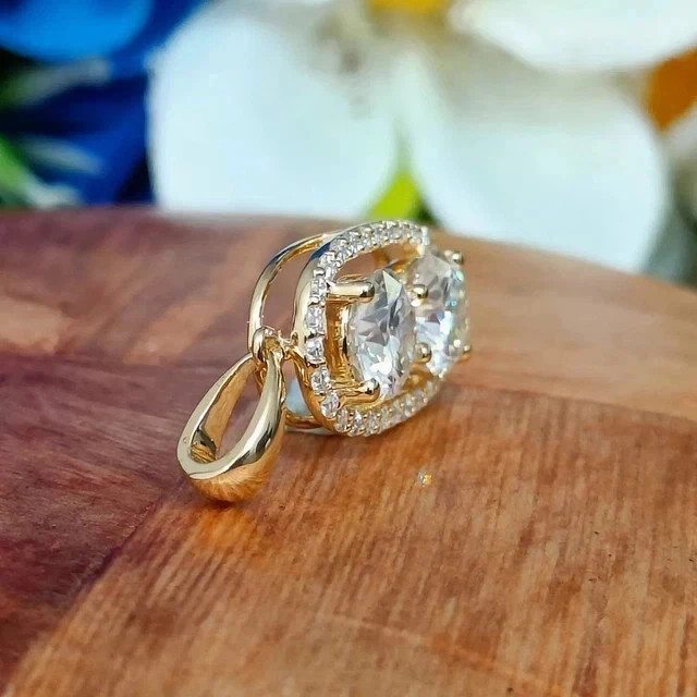 Real Moissanite 3Ct Round Cut Women’s Two Stone Pendant 14K Yellow Gold Plated
