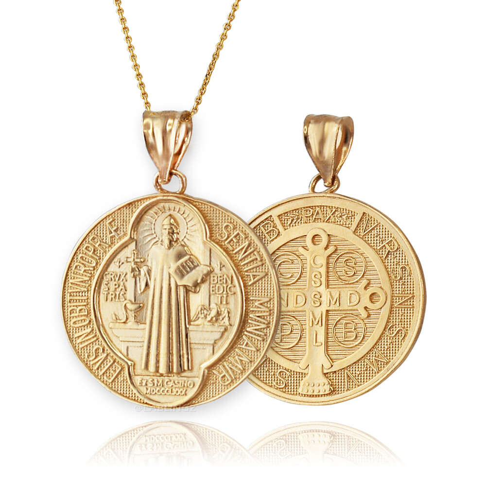 Gold Saint Benedict Medal Reversible Pendant Necklace – 10k & 14k Yellow, White