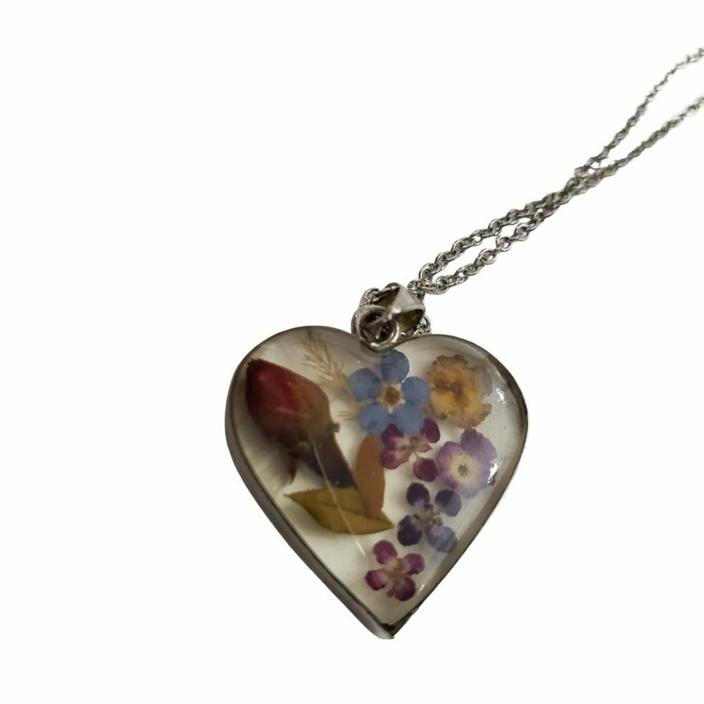 ATI Mexico Pressed Flowers Necklace Floral Silver Tone Heart Clear Purple