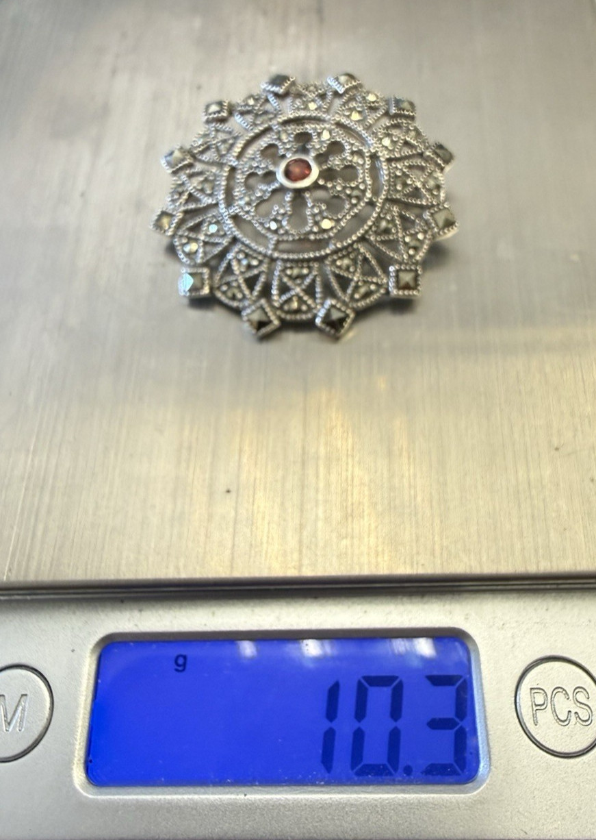 Vintage 925 Sterling Silver Marcasite Filigree Victorian Pendant with Garnet