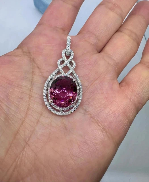 3.00Ct Oval Cut Lab Created Pink Tourmaline Halo Pendant 14K White Gold Plated