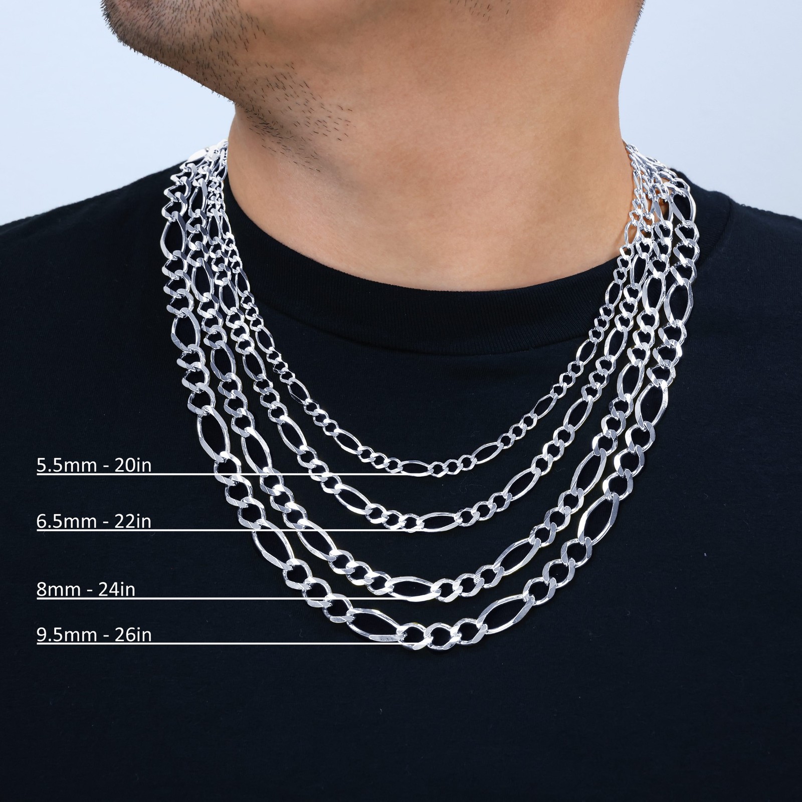 10K White Gold Solid 2.25mm-6.5mm Figaro Chain Necklace Mens Womens 16″- 30″